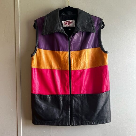 Dita Martin Design Vintage Leather Colorful Stripe Zip Vest Collared Retro - Picture 10 of 10